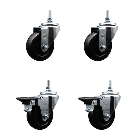 Service Caster 35 Inch Soft Rubber 38 Inch Threaded Stem Caster Set 2 Brakes SCC SCC-TS20S3514-SRS-381615-2-PLB-2